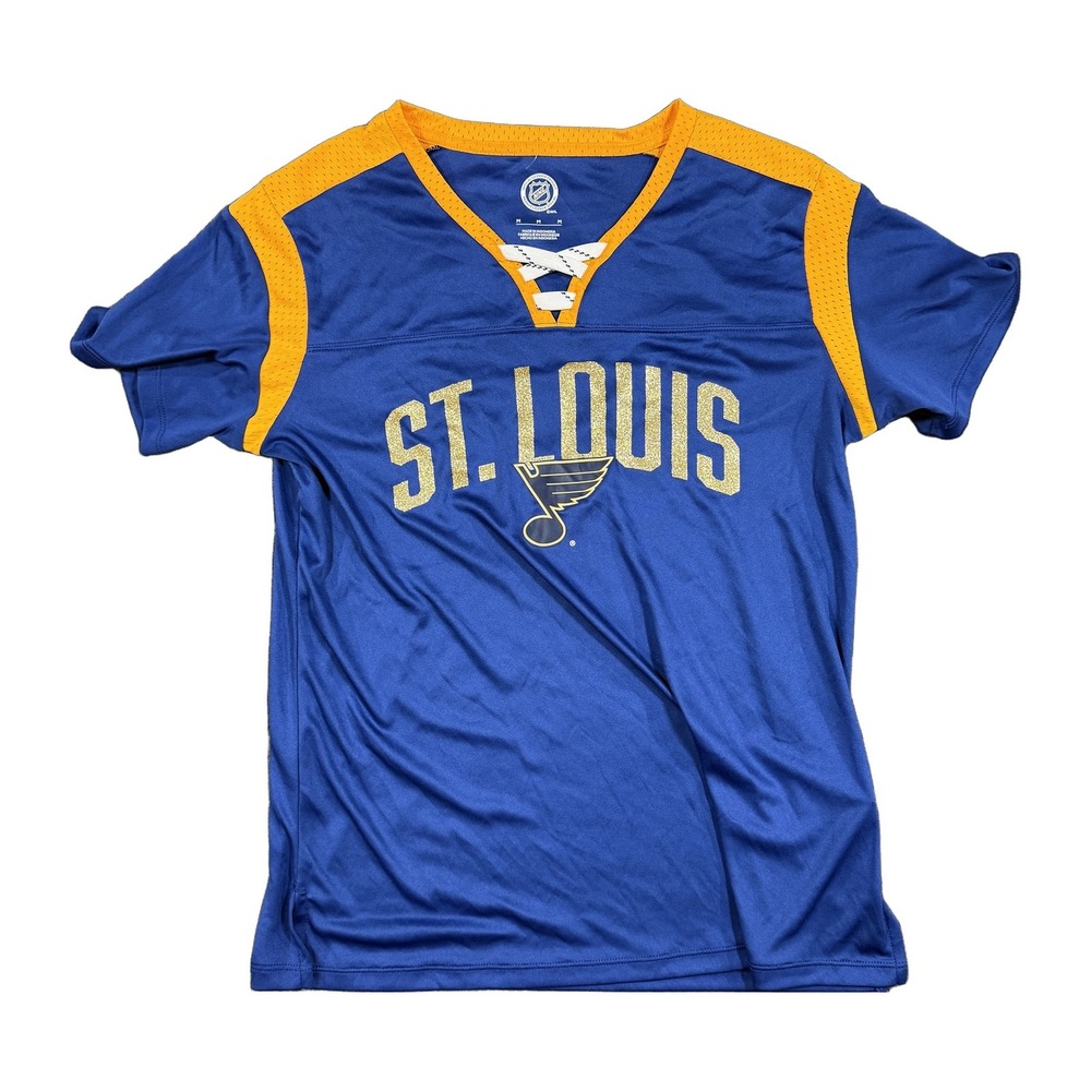 NHL St Louis Blues Lace Up V Neck Jersey Style T Shirt Blue Yellow Medium NWOT